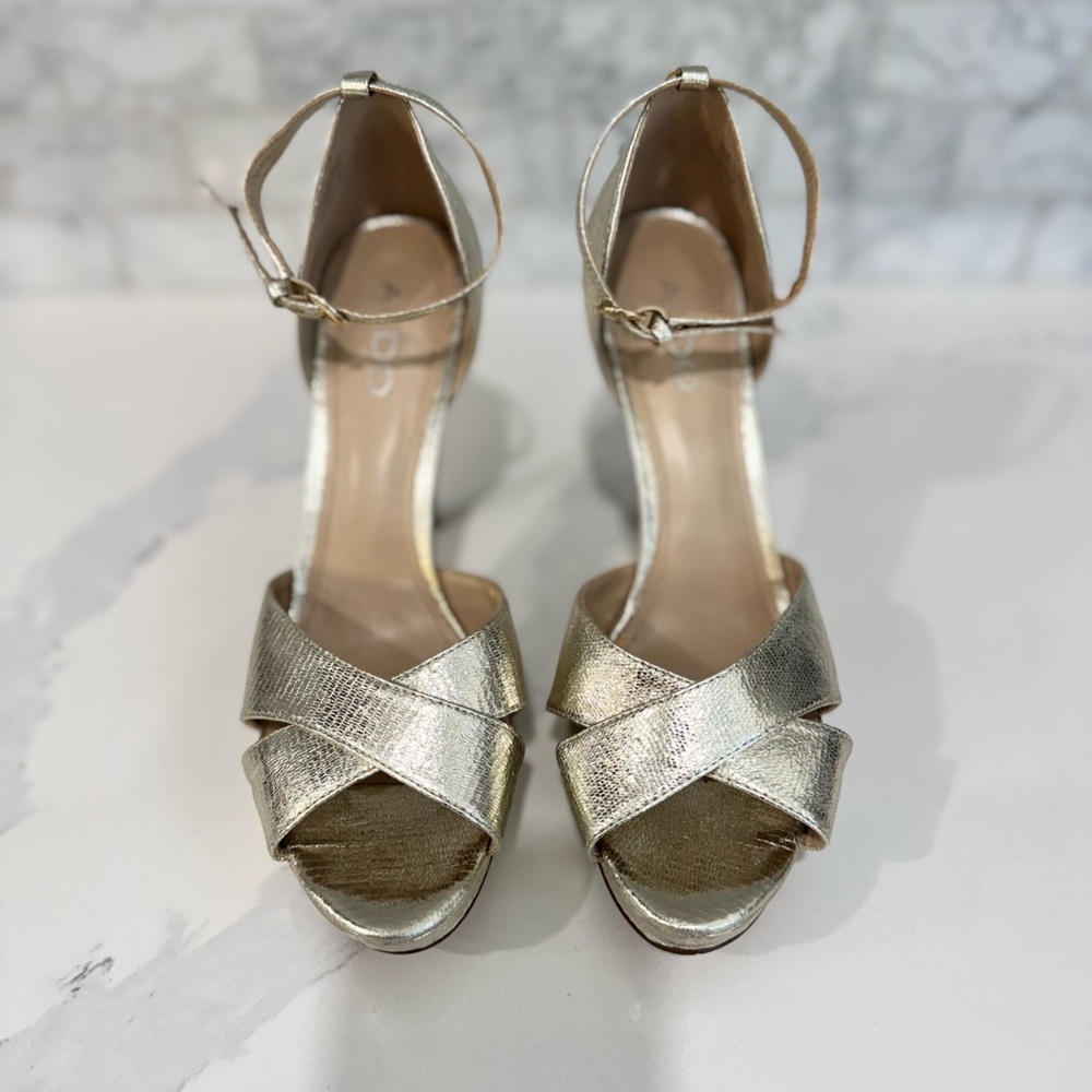 Women’s Aldo Metallic Gold Cross-Strap Ankle-Heel Sandals
